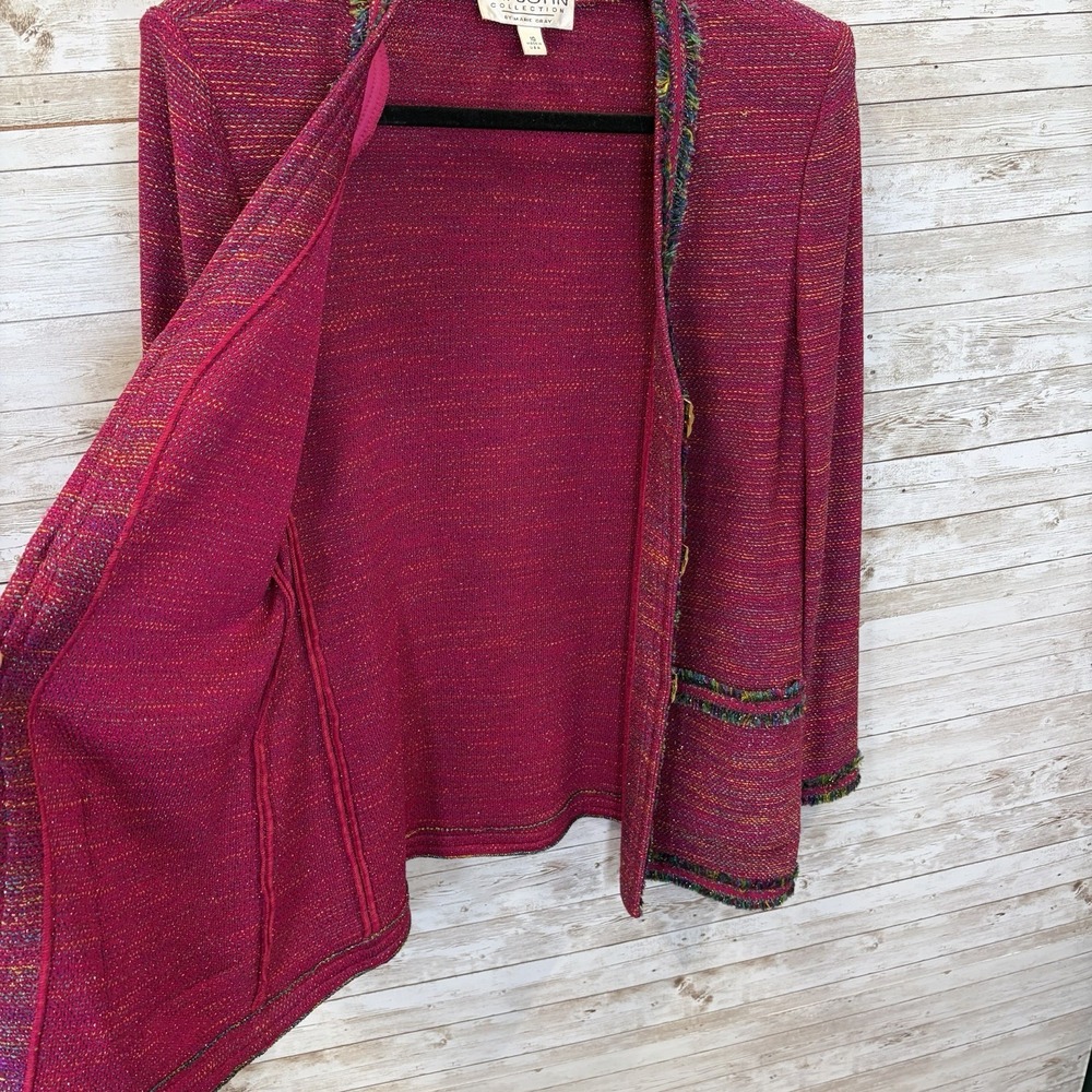 ST. JOHN Womens Suit 10 Jacket 12 Skirt Fuchsia Pink Metallic Shimmer Gold Clasp - Picture 3 of 16